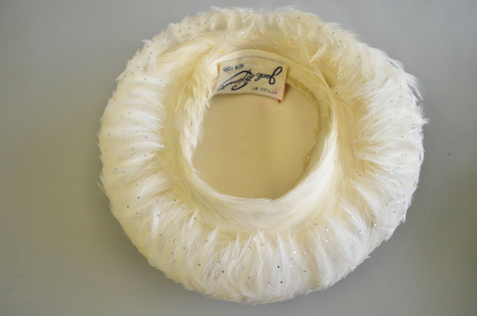 Vintage Jack McConnell White Feather Rhinestone Church Derby Ladies Crown Hat 