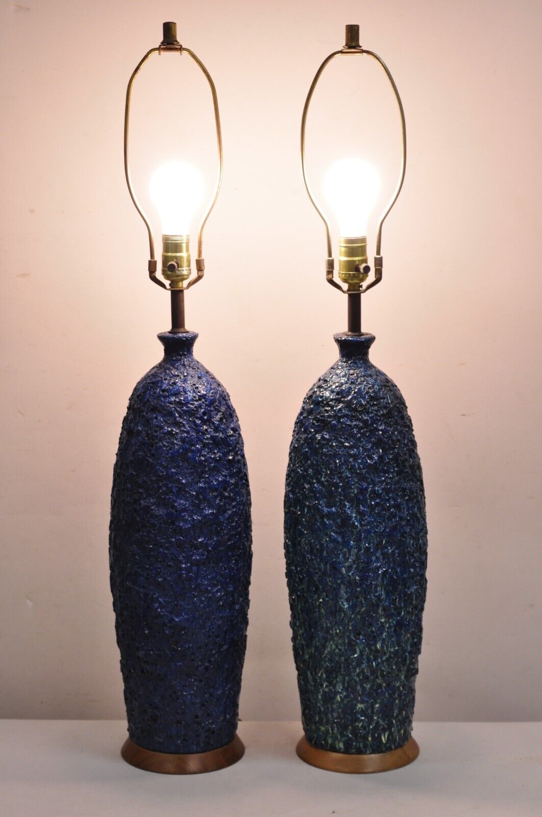 Vintage Mid Century Modern Blue Lava Drip Glazed Ceramic Table Lamp - a Pair