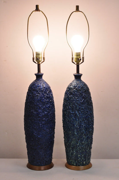 Vintage Mid Century Modern Blue Lava Drip Glazed Ceramic Table Lamp - a Pair