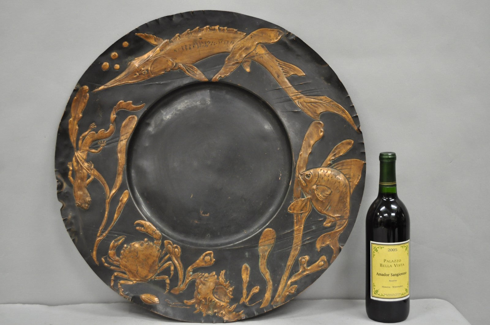 Antique Jugendstil Figural Copper Platter Charger of Fish by Steinicken & Lohr