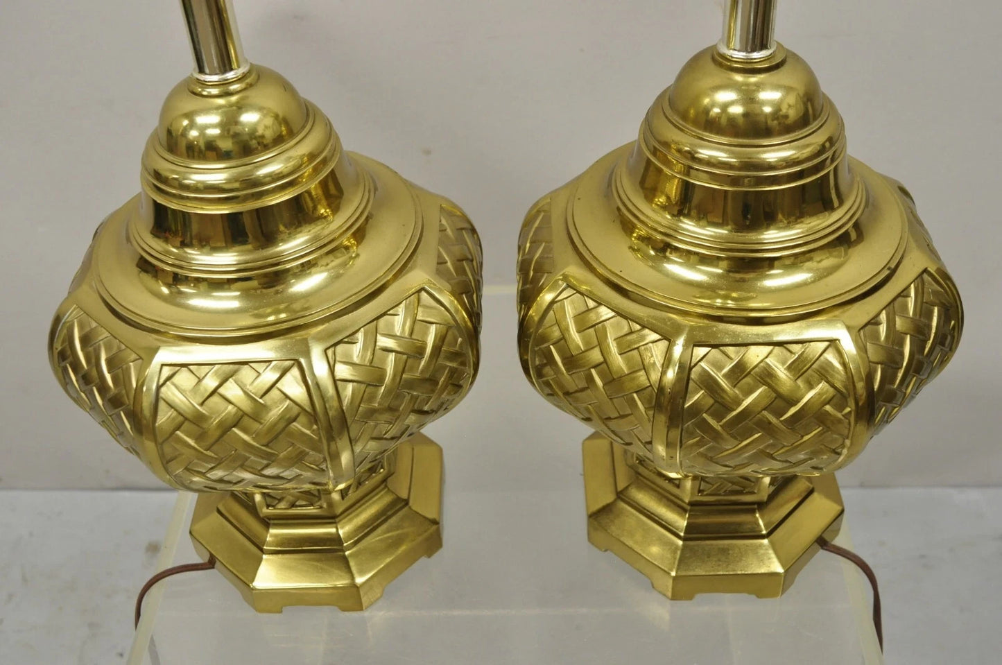 Vintage Hollywood Regency Brass Woven Basket Basketweave Table Lamps - a Pair