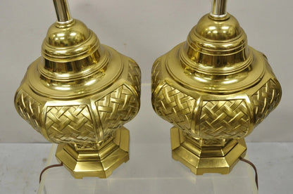 Vintage Hollywood Regency Brass Woven Basket Basketweave Table Lamps - a Pair