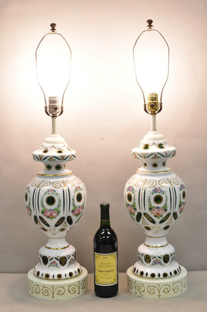 Antique Bohemian Czech Glass Green and White Flower Painted Table Lamps - a Pair