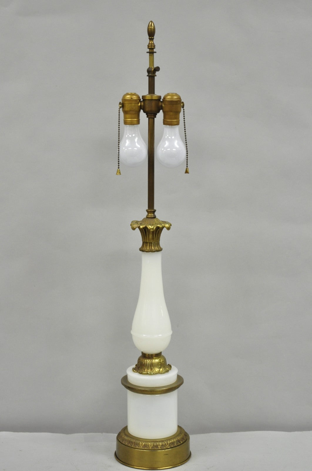 Vintage French Neoclassical Style White Opaline Glass Column Brass Table Lamp