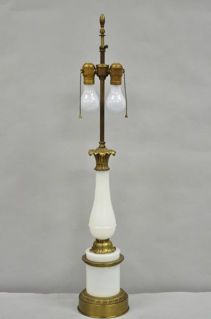 Vintage French Neoclassical Style White Opaline Glass Column Brass Table Lamp