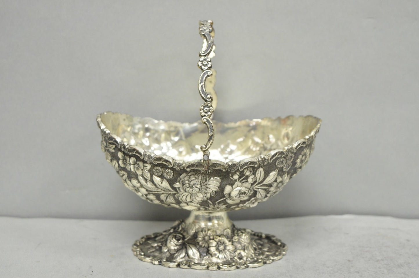 Antique Victorian Japanese Silver Plated Rose Flower Repousse Nut Bowl Dish