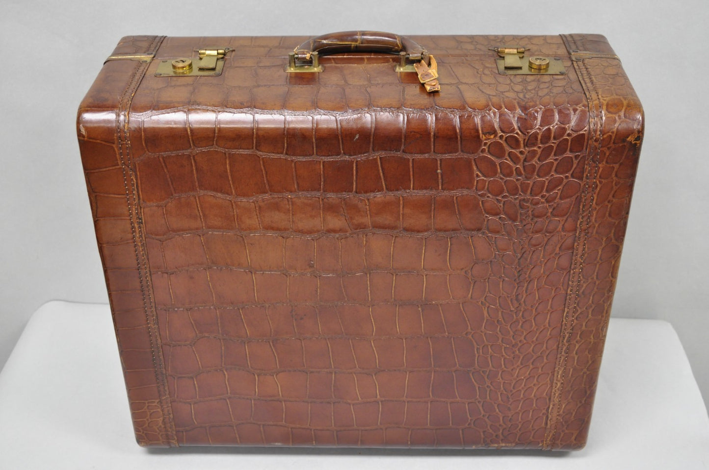 Vintage Art Deco Brown Leather Faux Crocodile Hard Case Suitcase Luggage