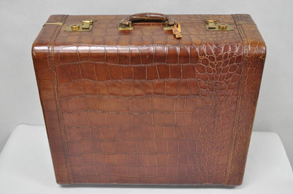 Vintage Art Deco Brown Leather Faux Crocodile Hard Case Suitcase Luggage