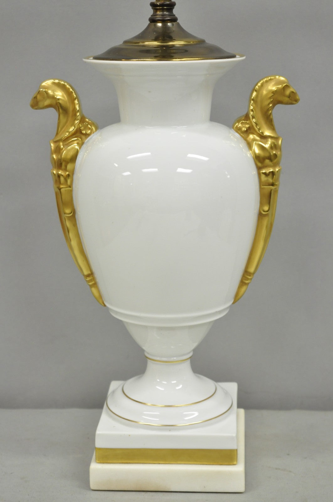 Vintage Italian Regency White Gold French Porcelain Urn Marble Base Table Lamp