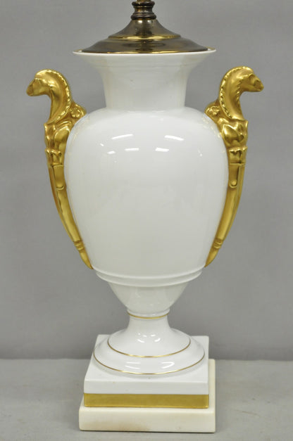 Vintage Italian Regency White Gold French Porcelain Urn Marble Base Table Lamp