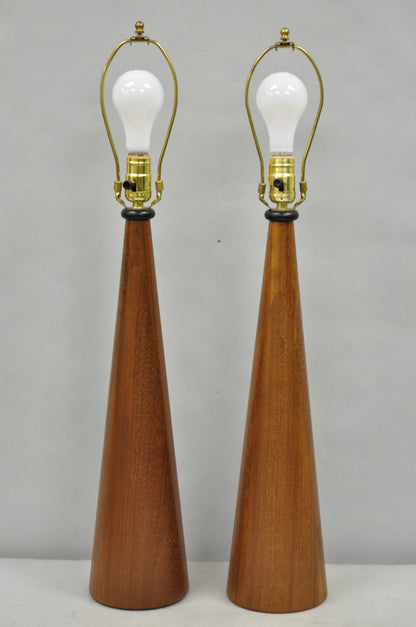 Vintage Mid Century Modern Staved Teak Wood Cone Shaped Table Lamps - a Pair