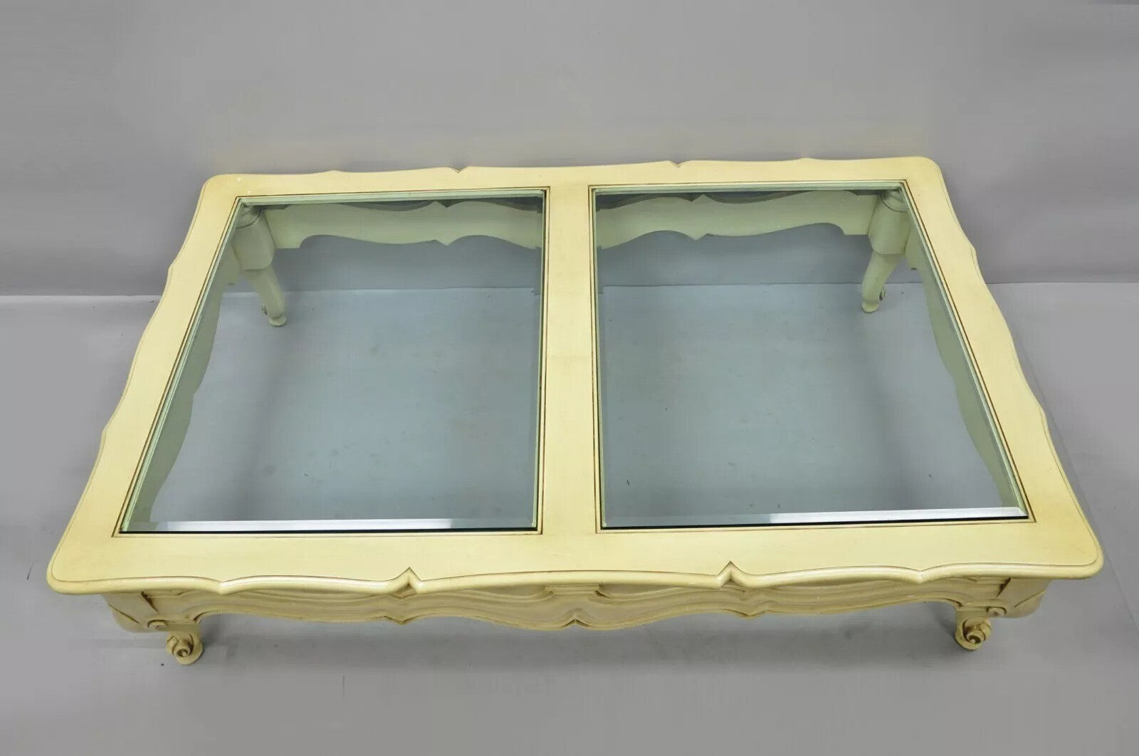 Vintage French Provincial Style Beveled Glass Cream Painted Large Coffee Table