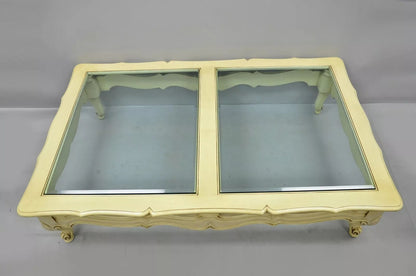 Vintage French Provincial Style Beveled Glass Cream Painted Large Coffee Table