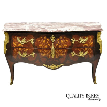 French Louis XV Style Marble Top Marquetry Inlay & Bronze Bombe Commode Dresser