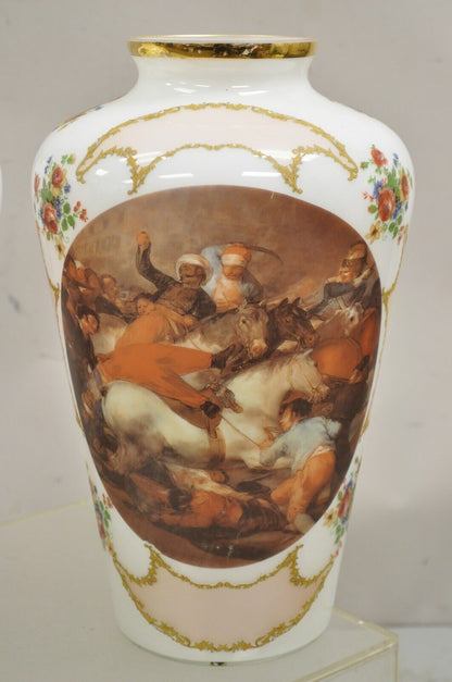 Vintage French Style Large White Blown Glass Transfer Scene Jar Vases - a Pair