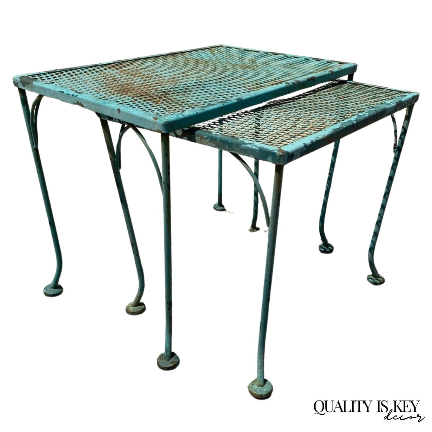 Vintage Woodard Wrought Iron Green Garden Patio Nesting Side Tables - 2 Pcs
