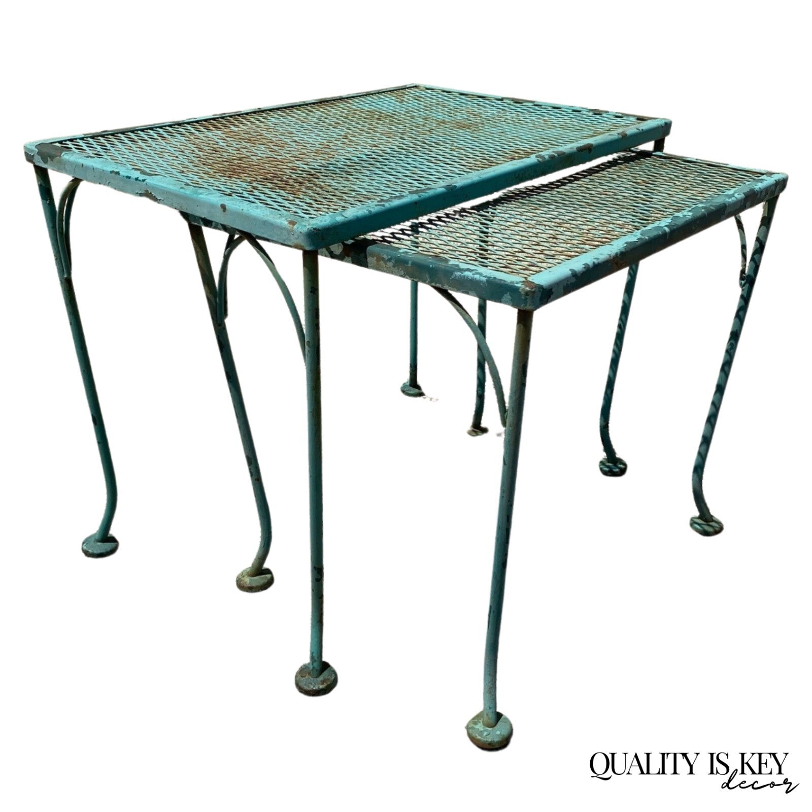 Vintage Woodard Wrought Iron Green Garden Patio Nesting Side Tables - 2 Pcs