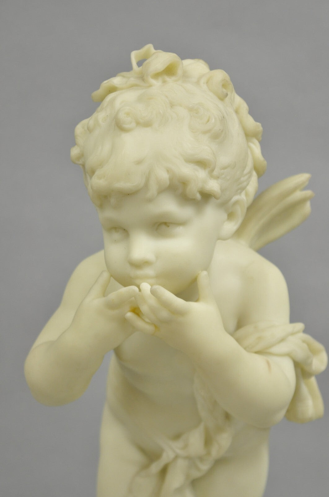 Vintage Neoclassical Faux Marble Cast Resin 25" Winged Cherub Putti Sculpture