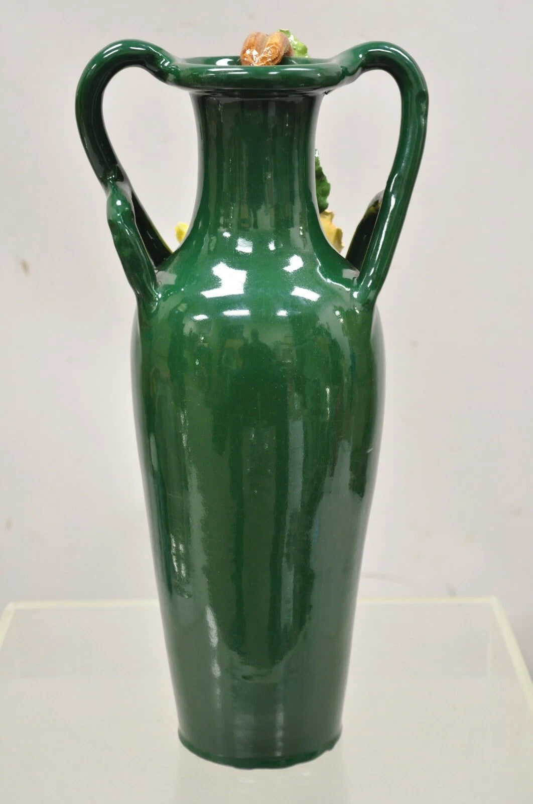 Vintage Victorian Green Porcelain Ceramic 18" Vase w/ Pink & Yellow Flowers