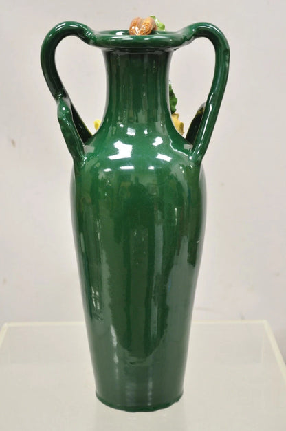 Vintage Victorian Green Porcelain Ceramic 18" Vase w/ Pink & Yellow Flowers
