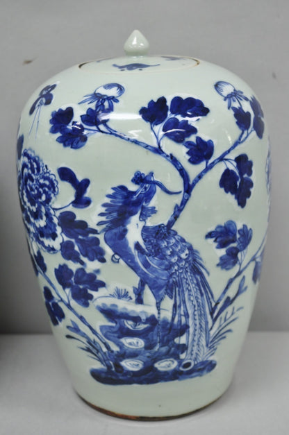 Antique Chinese Phoenix Bird Celadon Green Porcelain Covered Ginger Jar - Pair