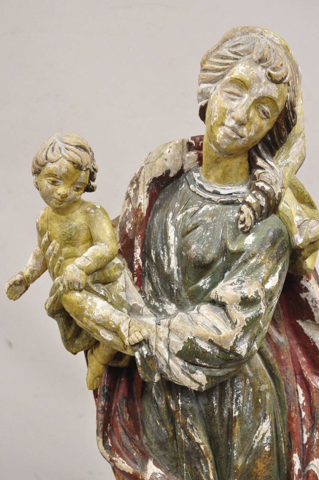 Antique Spanish Latin Polychromed Carved Wood Figure Madonna and Child Statue