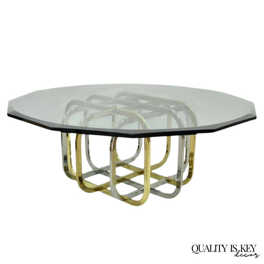Mid Century Modern Pierre Cardin Style Brass & Chrome Glass Top Coffee Table