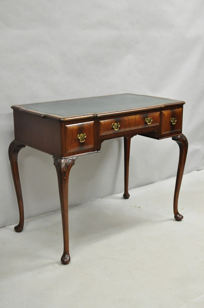 Antique English Georgian Crotch Mahogany Green Leather Top Small Writing Desk