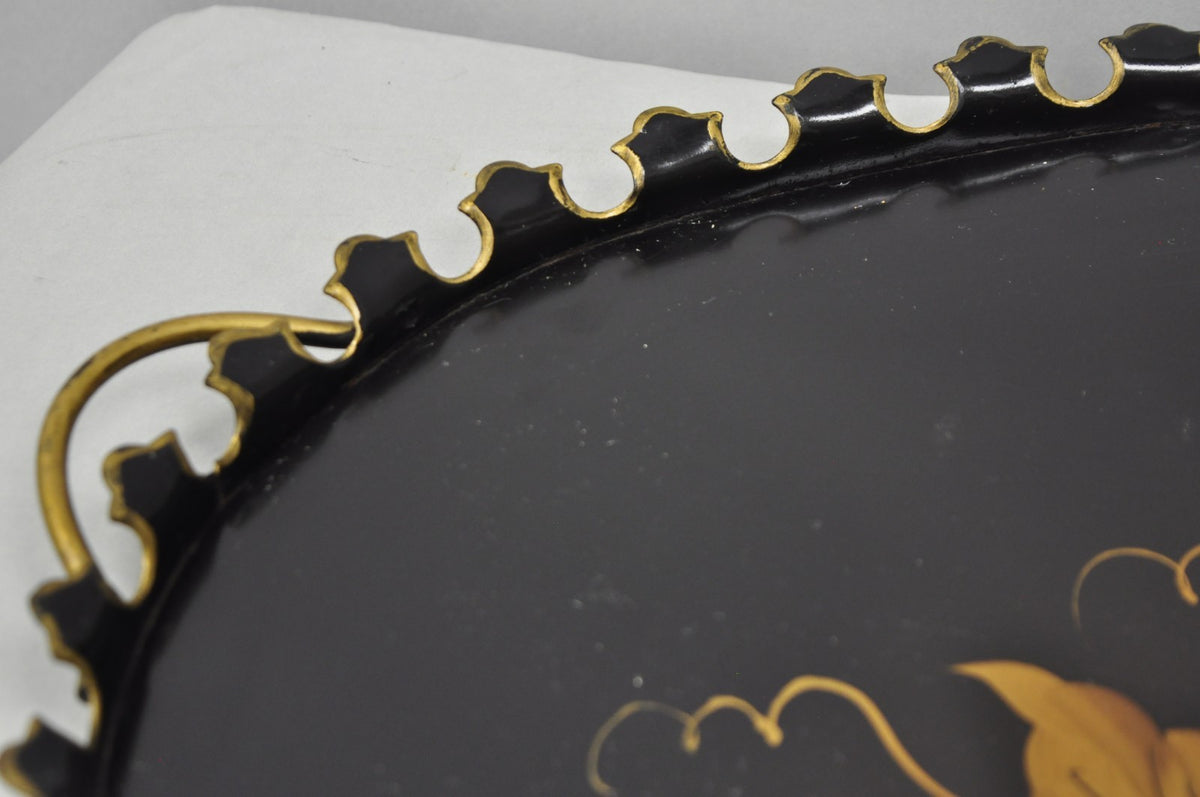 Vintage French Country Black and Gold Hand Painted Oval Toleware Serving Tray