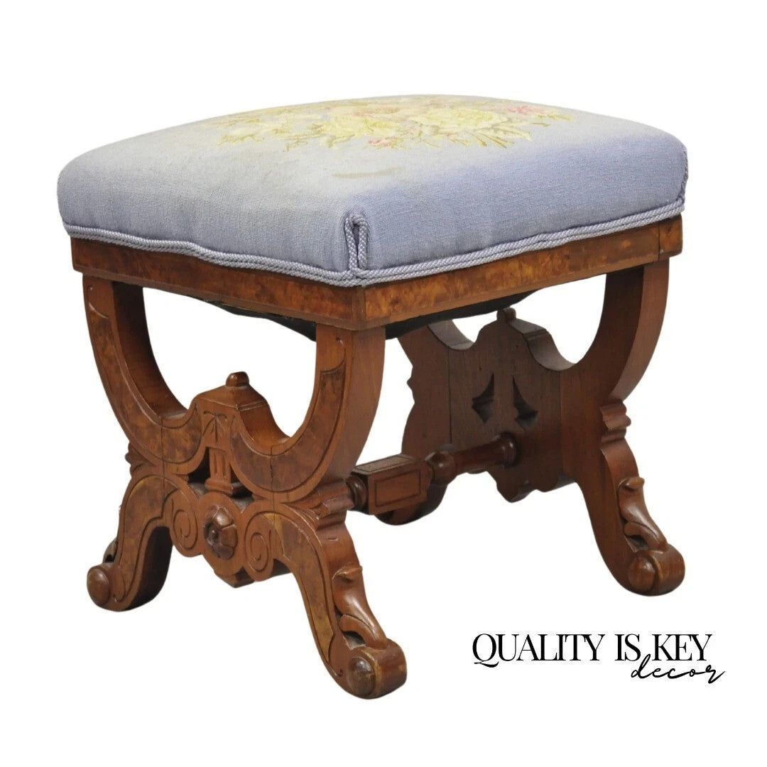 Antique Eastlake Victorian Burl Walnut Carved Curule Footstool Ottoman Stool