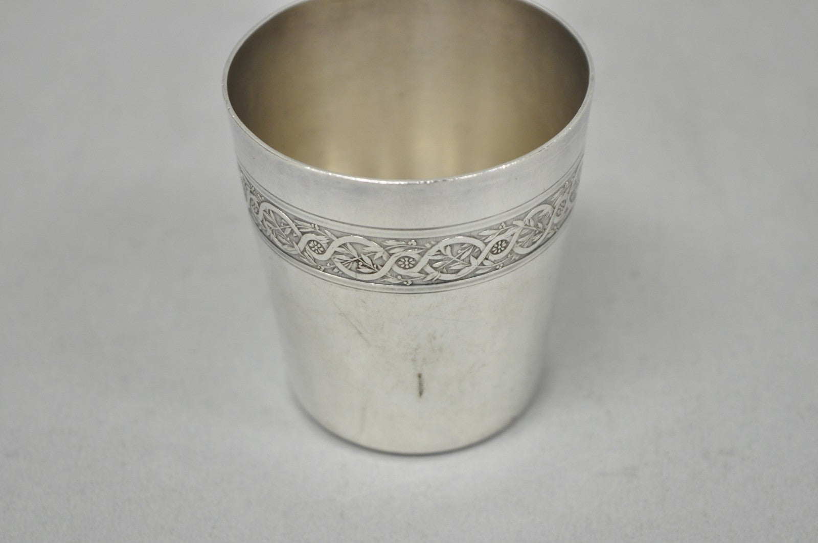 Antique Christofle French Silver Plated Shot Glass Goblet Cup w/ Wreath Pattern