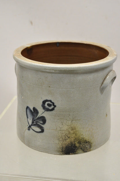 Antique Stoneware Salt Glazed 9" Round Pottery Crock Pot with Blue Flower