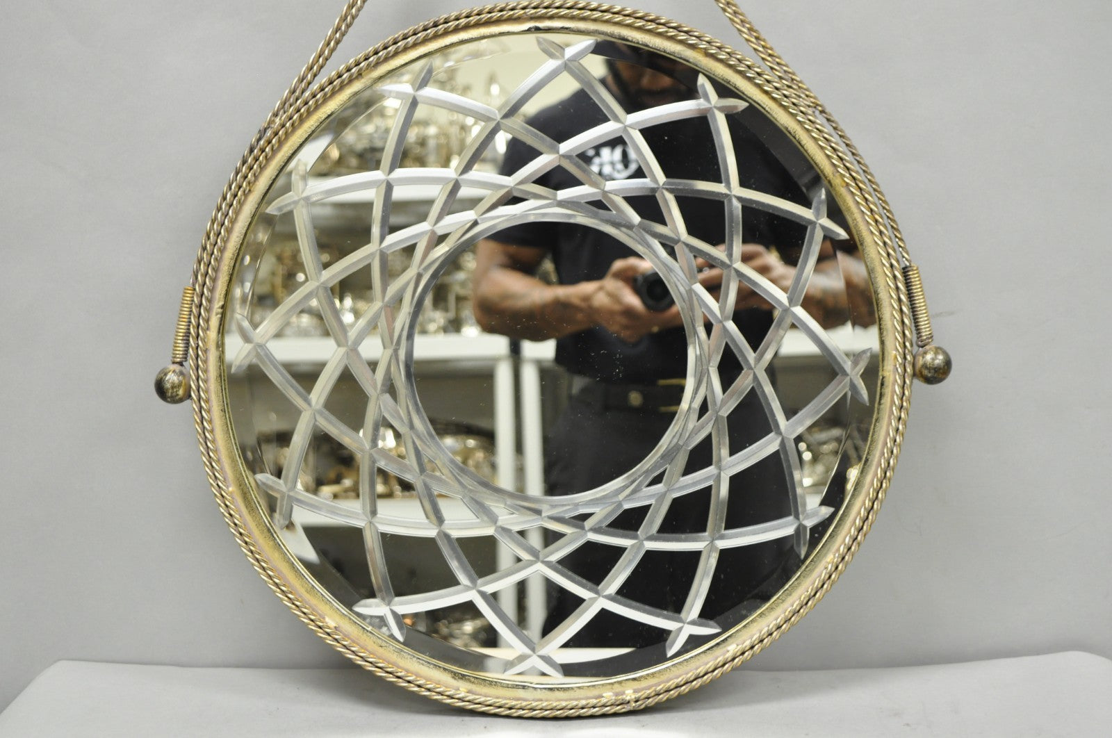 Contemporary Modern Hollywood Regency Round Etched Glass Hanging Wall Mirror