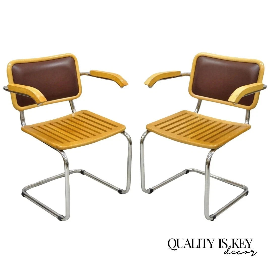 Vintage Mid Century Modern Cesca Chair Cantilever Chrome Frame Wood Seat - Pair