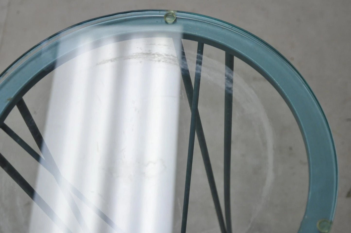 Postmodern Blue Wrought Iron "Skyscraper" Glass Top Pedestal Stand Side Table