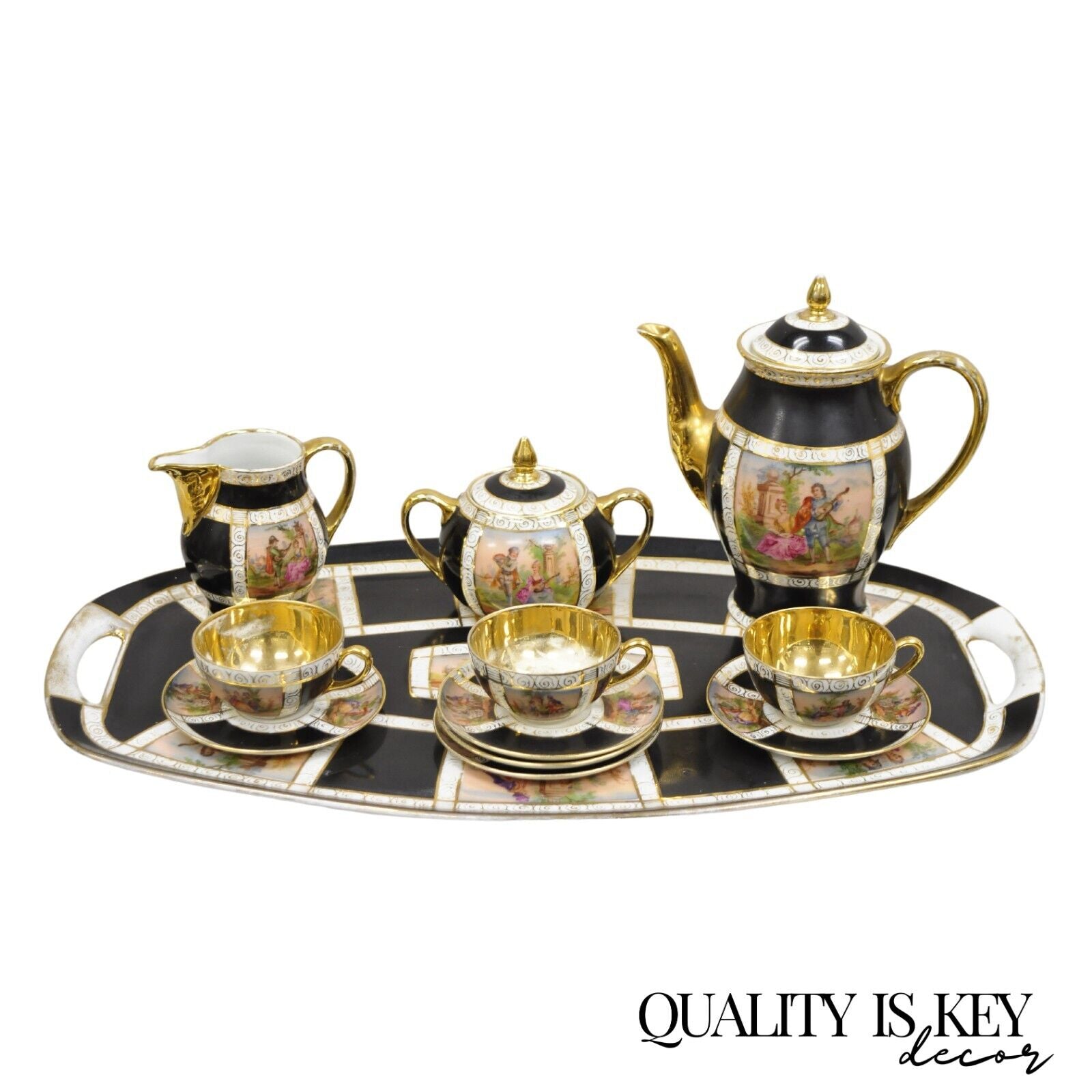 Royal Vienna Style Bohemia Czecho-Slovakia Black Porcelain Tea Set - 12 pcs