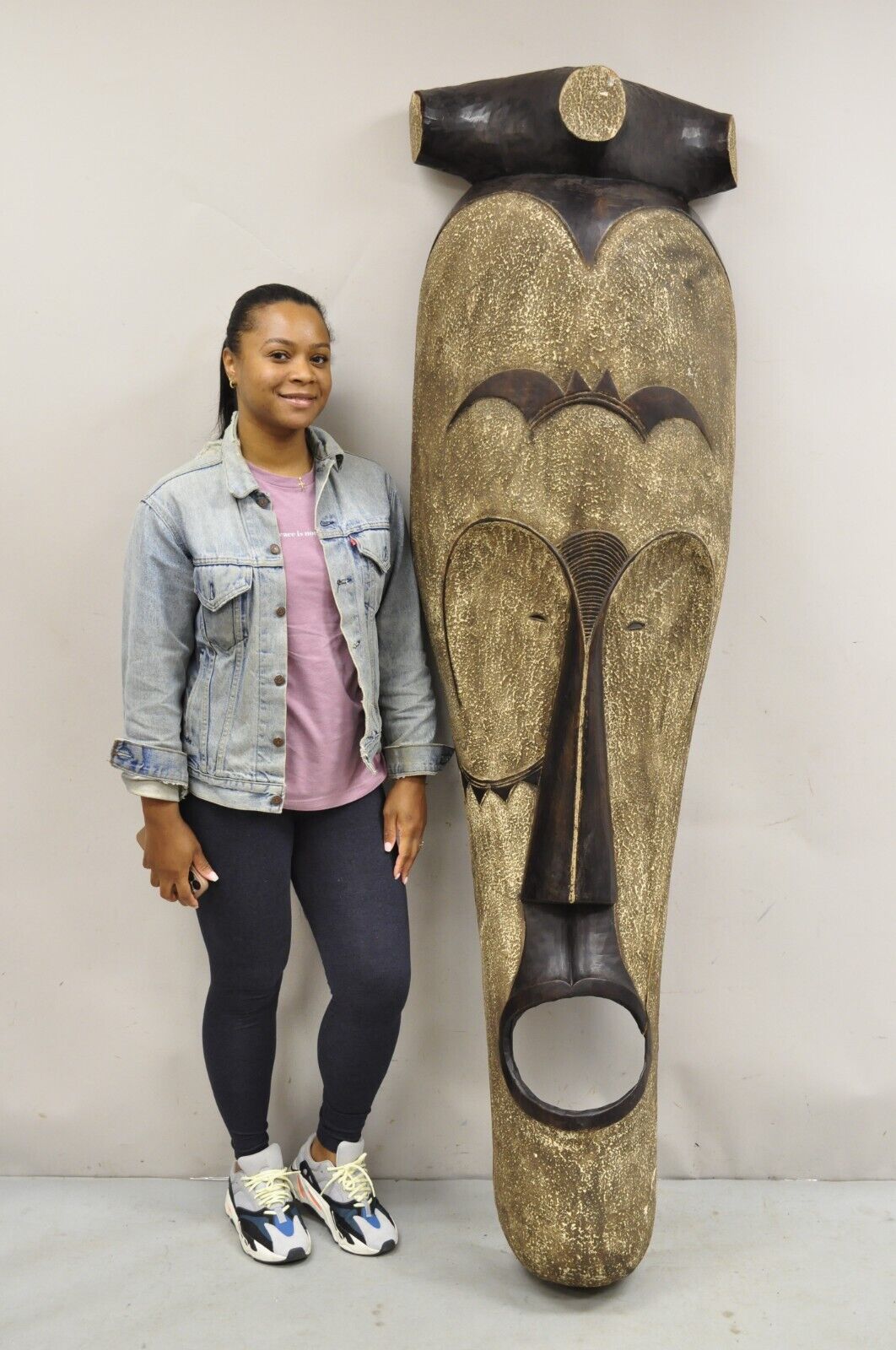 Large 80" Gabon African Carved Wood Elongated Fang Ngil Mask Sculpture Statue