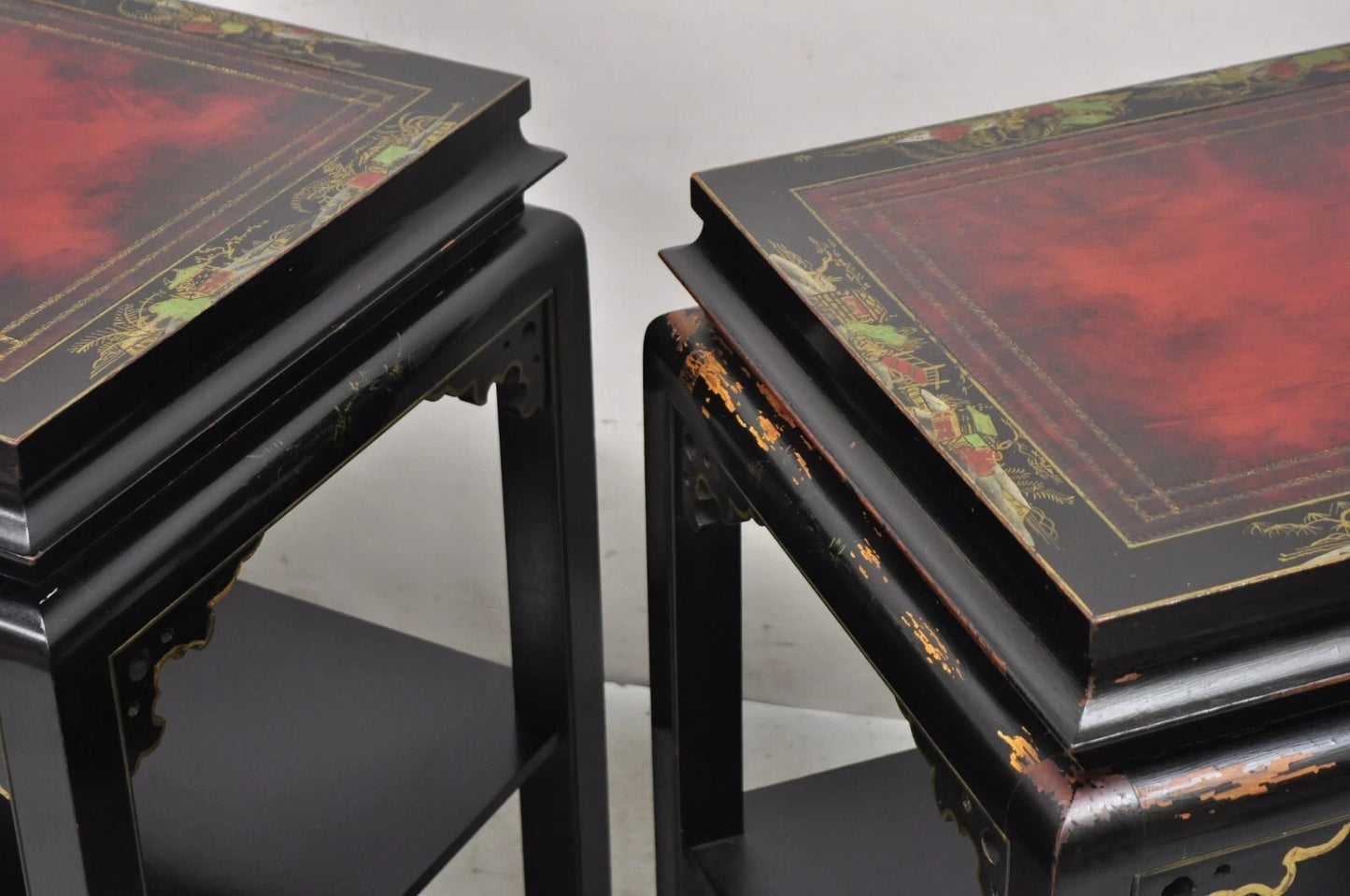 Vintage Chinoiserie Black Lacquered Red Leather Top 2 Tier End Tables - a Pair