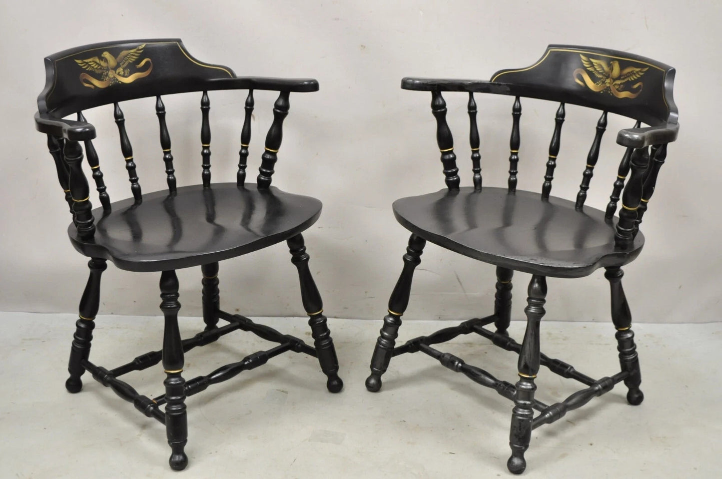 Vintage S. Bent & Bros Black Painted Eagle Colonial Pub Arm Chairs - a Pair