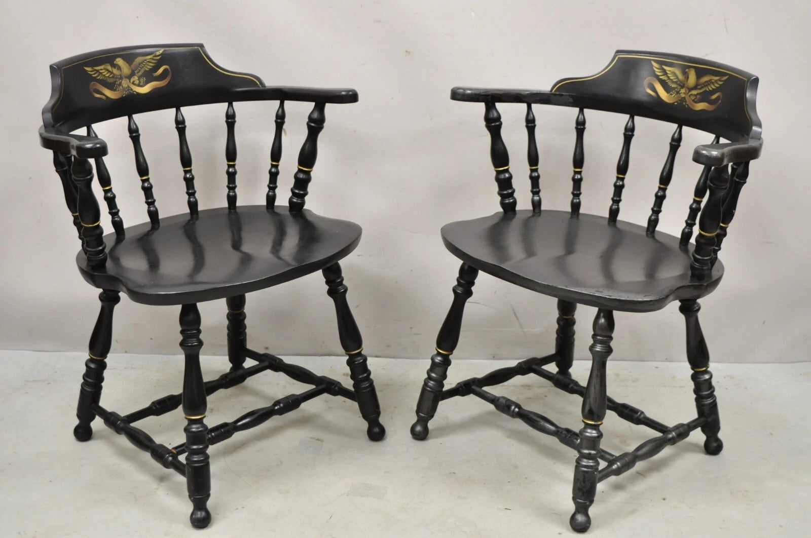 Vintage S. Bent & Bros Black Painted Eagle Colonial Pub Arm Chairs - a Pair