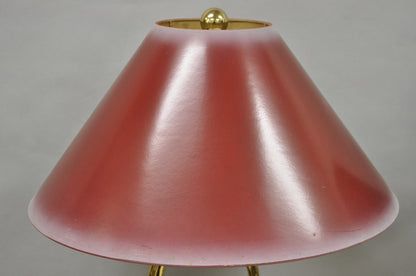 Vintage Art Nouveau Modern Brass Figural Swan Gold Red Table Lamps w Shades Pair