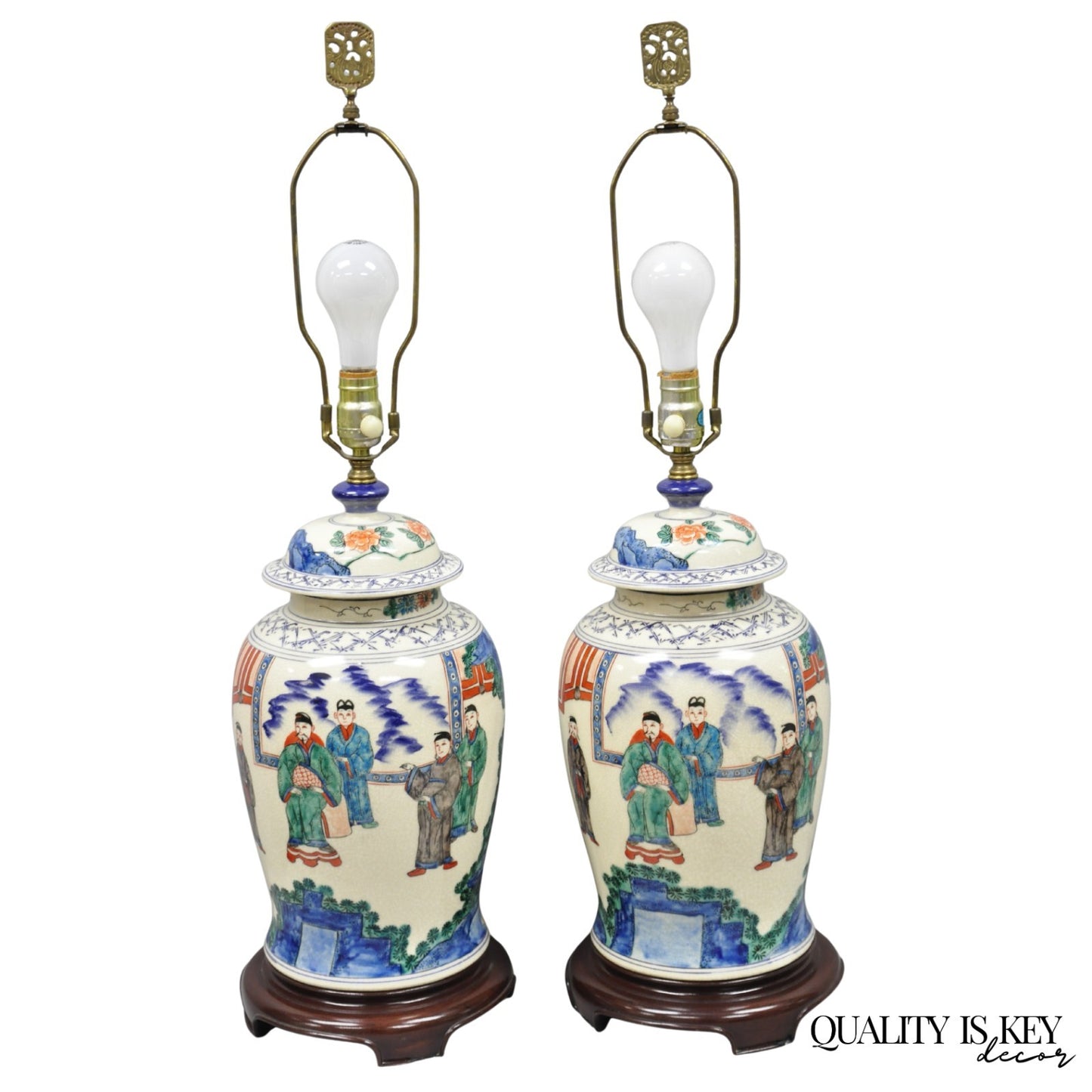 Vintage Chinoiserie Oriental Oatmeal Ginger Jar Ceramic Table Lamps - a Pair