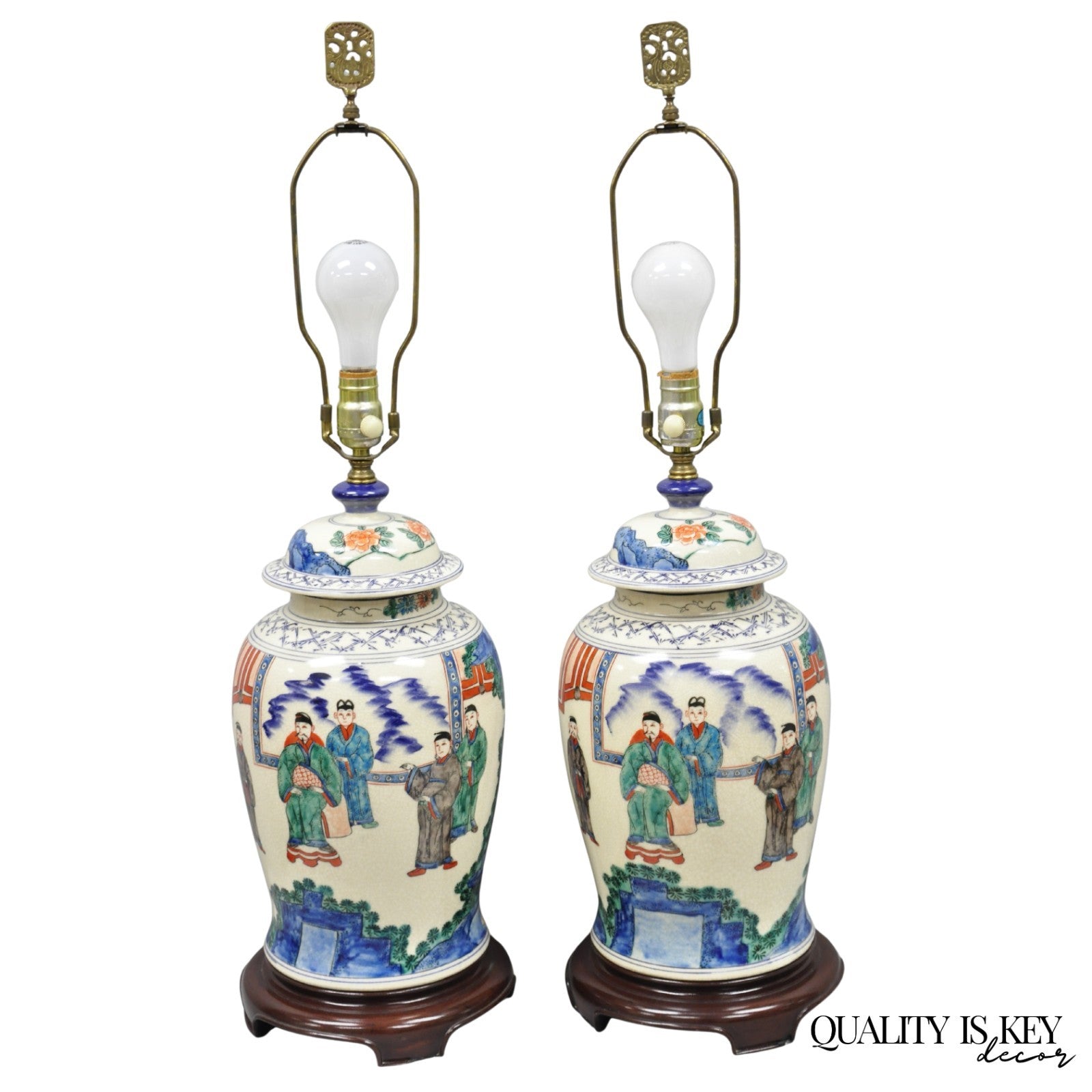 Vintage Chinoiserie Oriental Oatmeal Ginger Jar Ceramic Table Lamps - a Pair