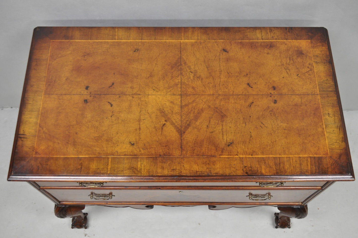 Antique English Georgian Burl Walnut Ball and Claw Inlaid Lowboy Bachelor Chest