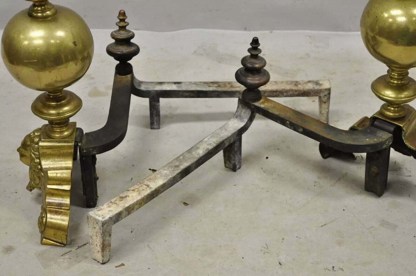 Vintage Beethoven Face French Rococo Brass Cannonball Fireplace Andirons - Pair