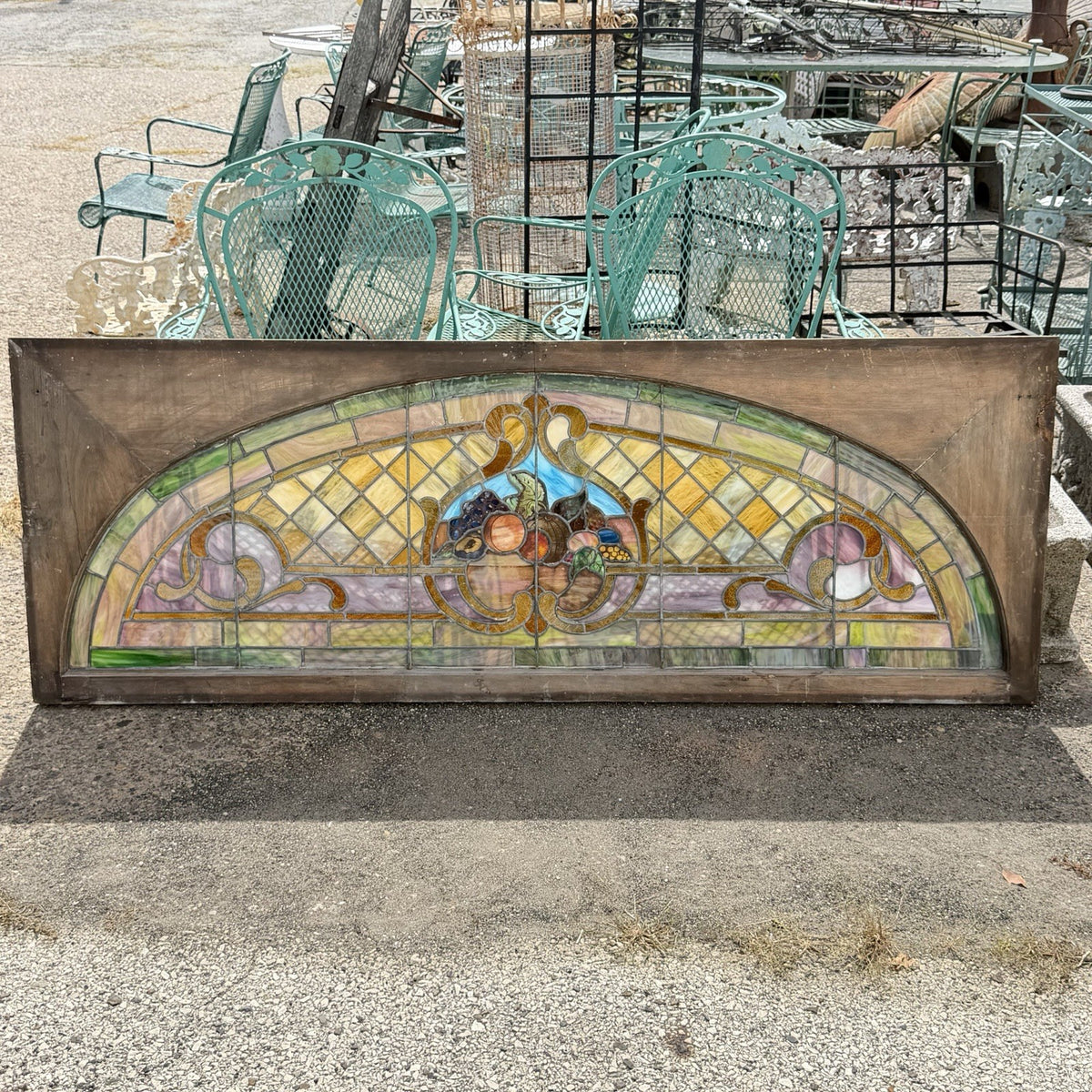 Antique Art Nouveau Colored Stained Glass Fruit 27 x 75 Arched Transom Window, A