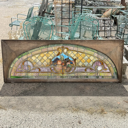 Antique Art Nouveau Colored Stained Glass Fruit 27 x 75 Arched Transom Window, A