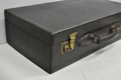 Vintage German Art Deco Dark Brown Black Buffalo Leather Travel Suitcase Luggage