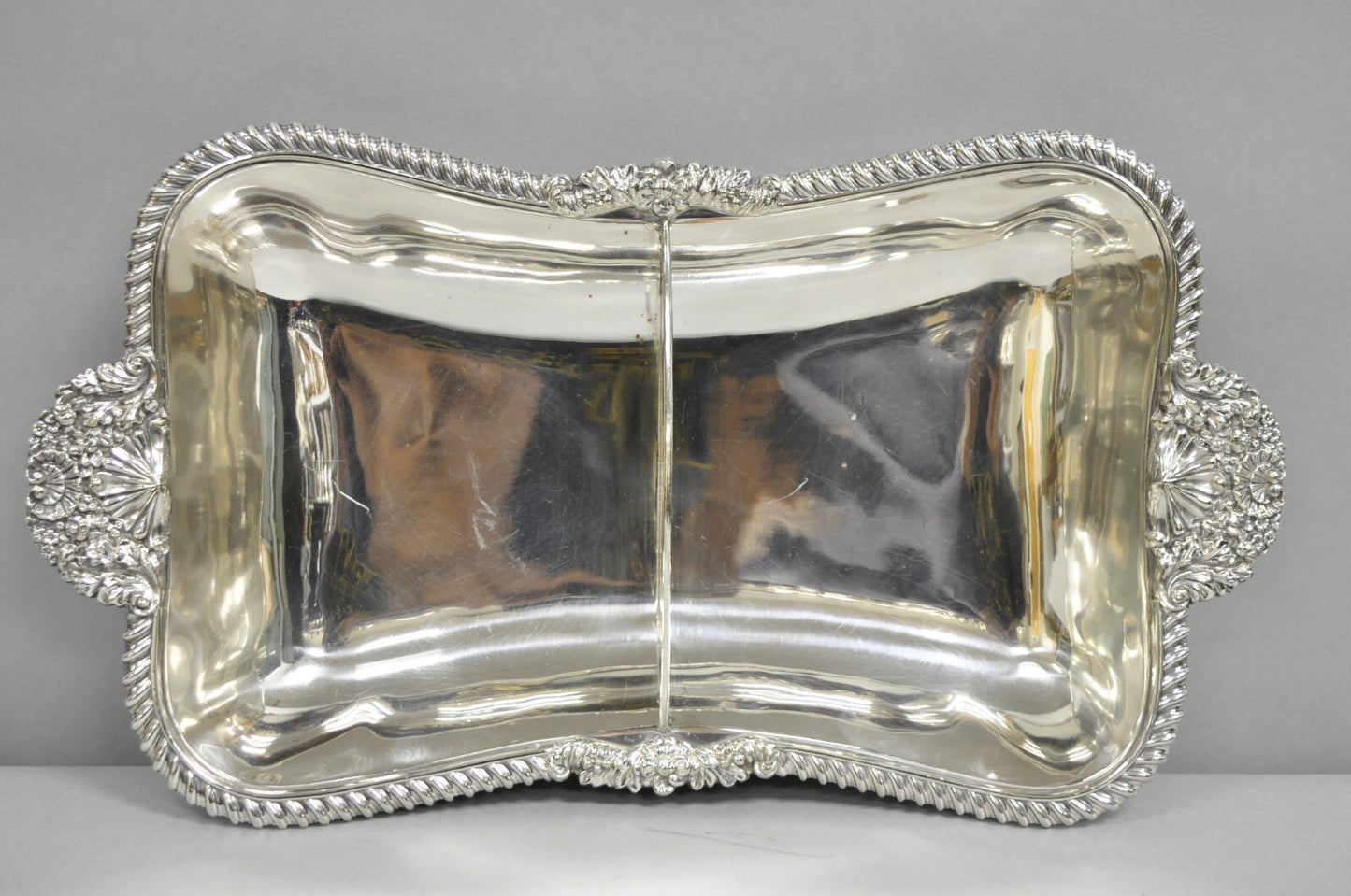 Antique English Victorian Scalloped Silver Plated Serving Dish Platter w Divider
