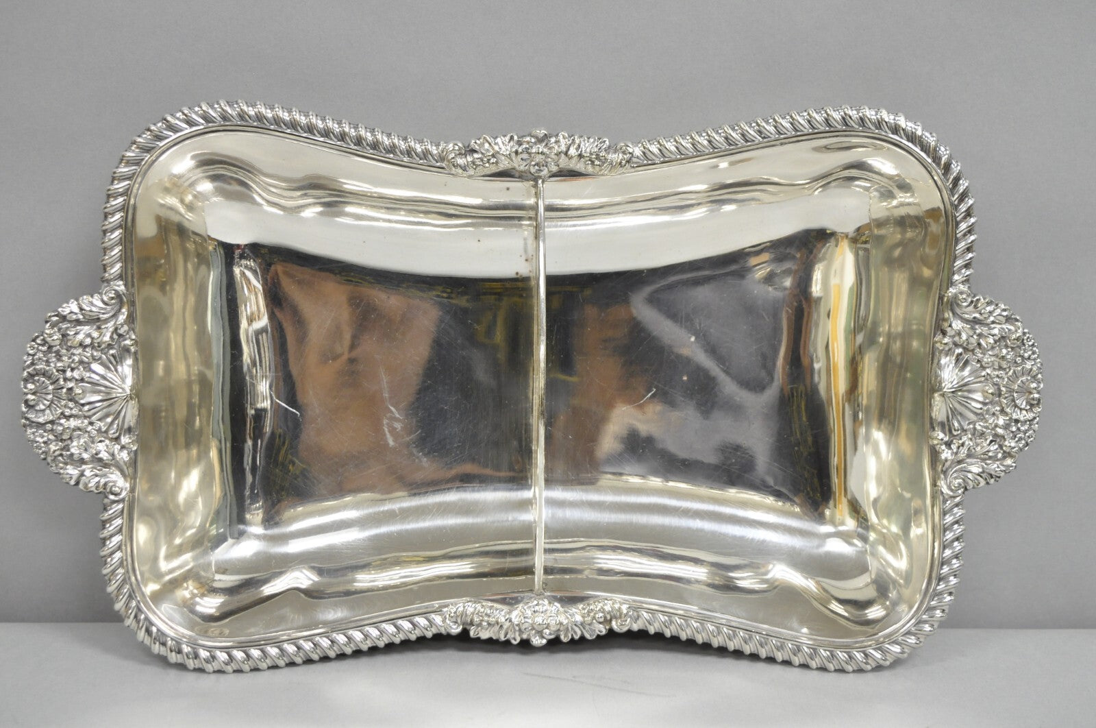 Antique English Victorian Scalloped Silver Plated Serving Dish Platter w Divider